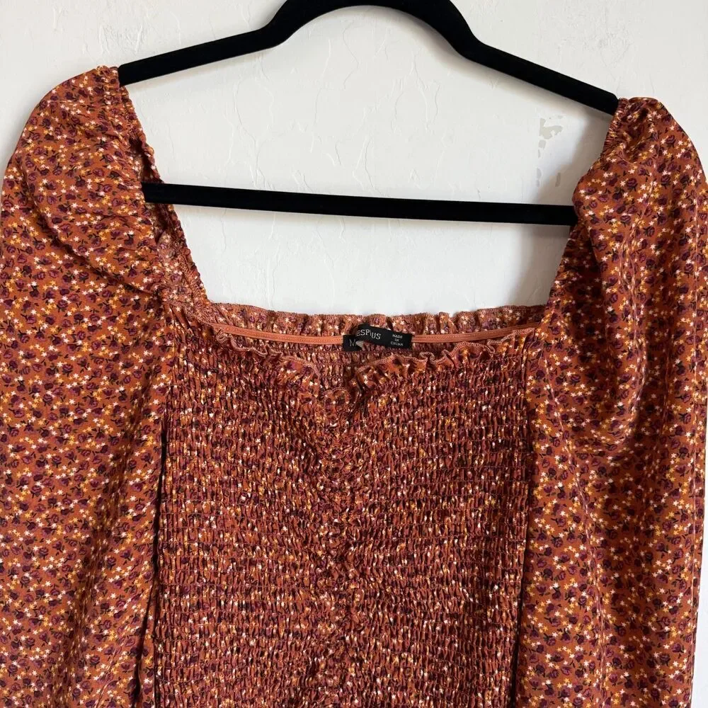 Moody Fall Sz Med Boho Floral Smocked Peasant Balloon Sleeve Crop Top Festival